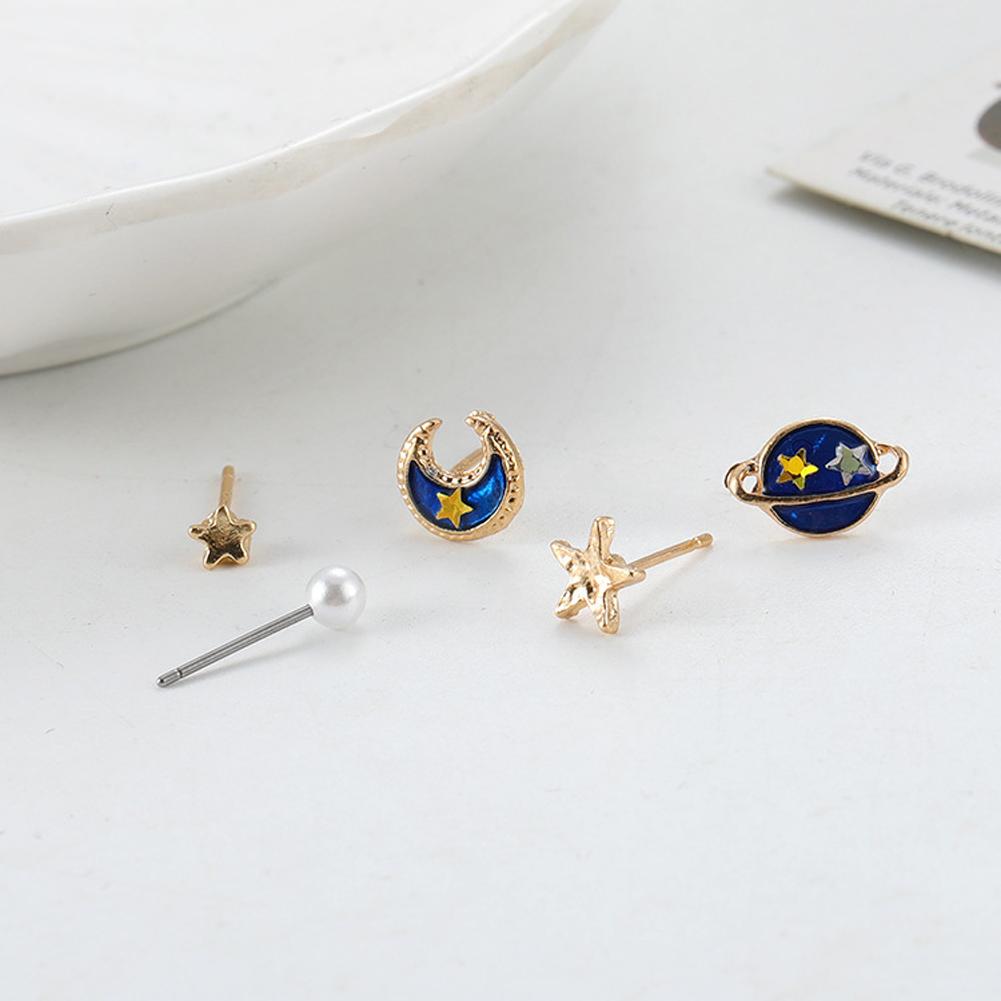 5 Piece Set Fashionable Simple Planet Moon Star Pearl Asymmetric Ear Studs