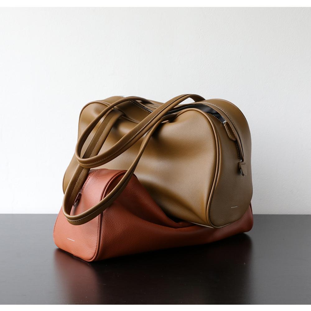 Light Luxury Retro Casual Underarm First Layer Calfskin Bowling Bag Women's Large-capacity Leather Portable Shoulder Messenger Bag