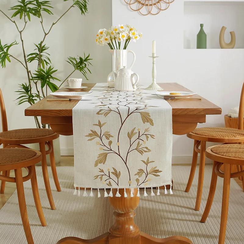 Boho Table Runner Rustic Farmhouse Embroidered Table Cover Tassels for Dresser Coffee Table Home Dining Holiday Party Decoration