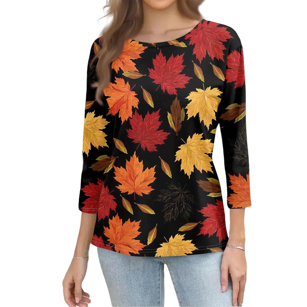 Women's Fashion Casual Three-Quarter Sleeve Round Neck Top with Leaf Print