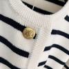 Women Cardigan Sweater Striped Print Contrast Color Single-breasted Long Sleeve Knitted Loose Warm Thick Round Neck Fall Spring Coat KTB