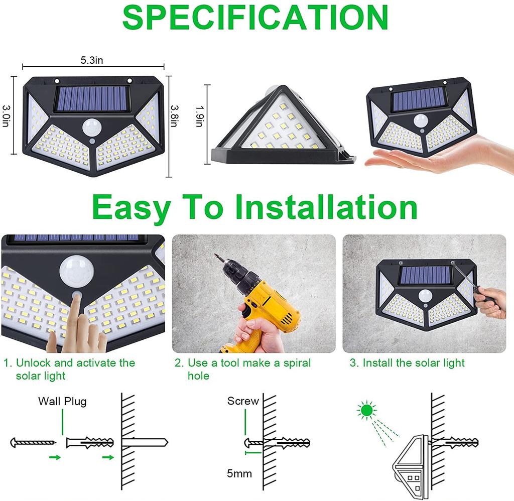 Upgraded 100LED Solar Powered Wall Lamp, PIR Motion Sensor Outdoor Security Light, IP65 Waterproof Solar Garden Light
