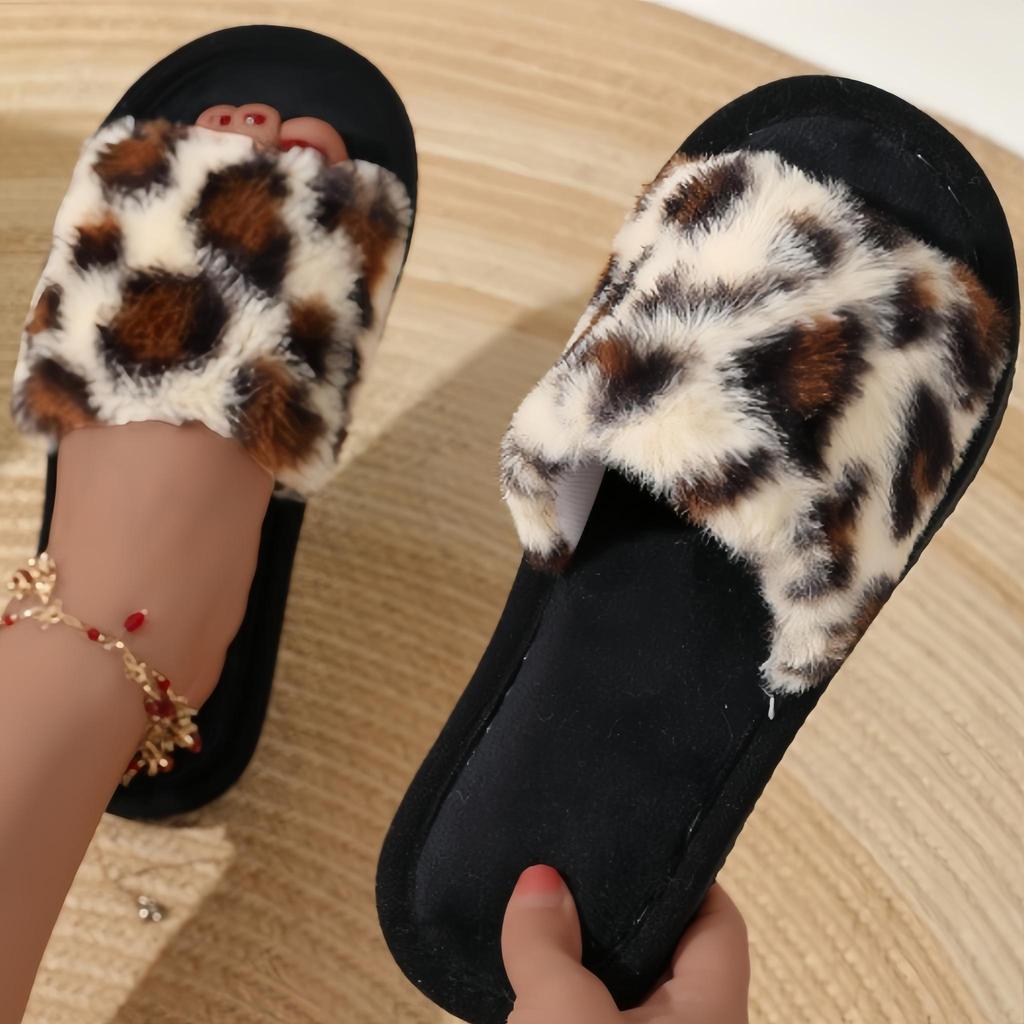 Order a Size Larger Women's Luxury Fluffy Leopard Print Slippers, Plush Warm Slippers with an Open Toe and Soft Soles.