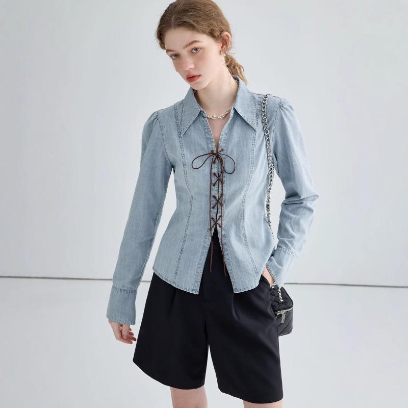 

Женская весенняя новая модель джинсовой рубашки с длинным рукавом и разрезом на талии XL светло-синий