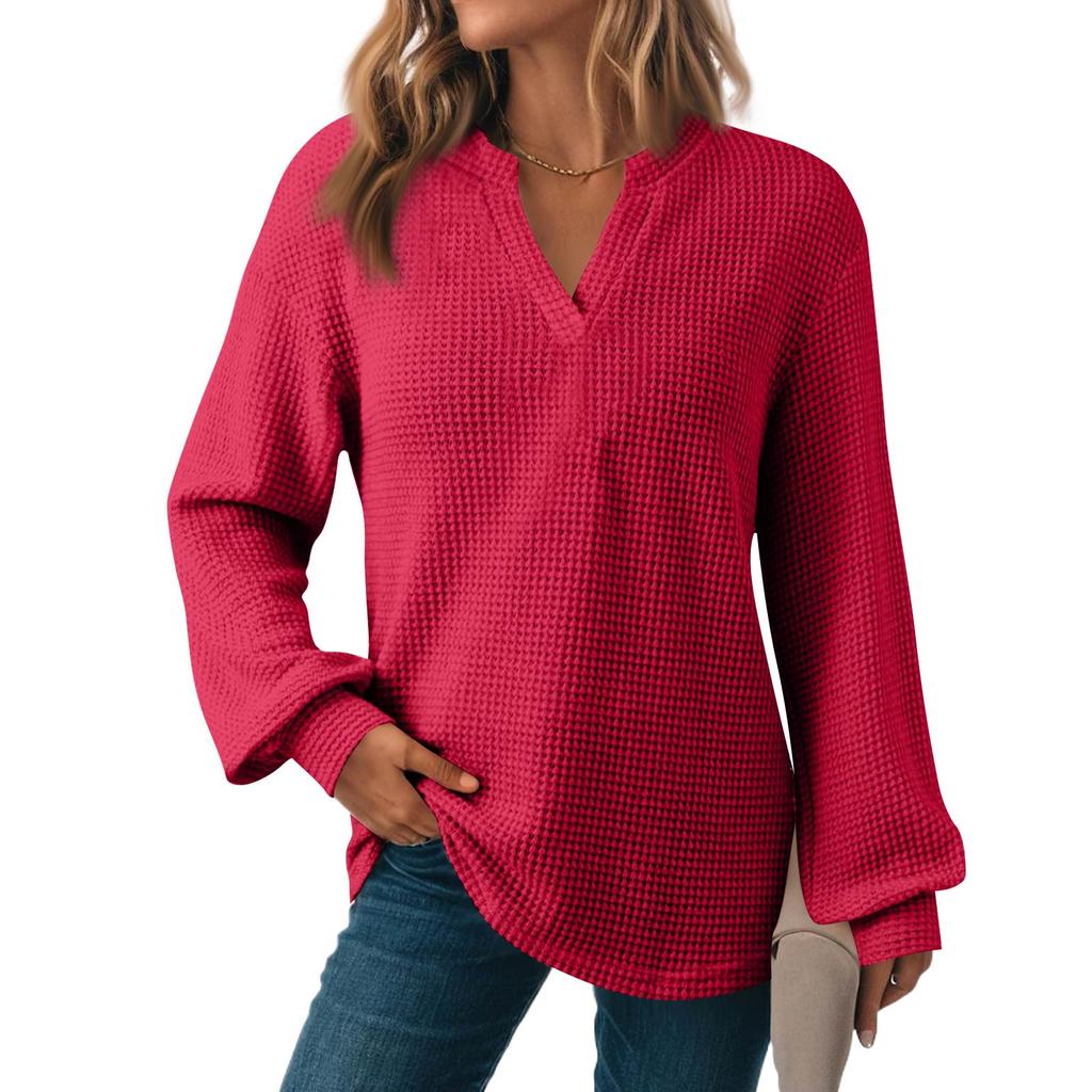 Women's Fashion Long Sleeve  Knit V-Neck Solid Color Casual Top