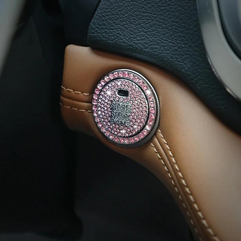 Crystal Engine Ignition Onekey Start Stop Push Button Switch Protective Cover Bling Rhinestone Ring Circle Trims Car Accessories