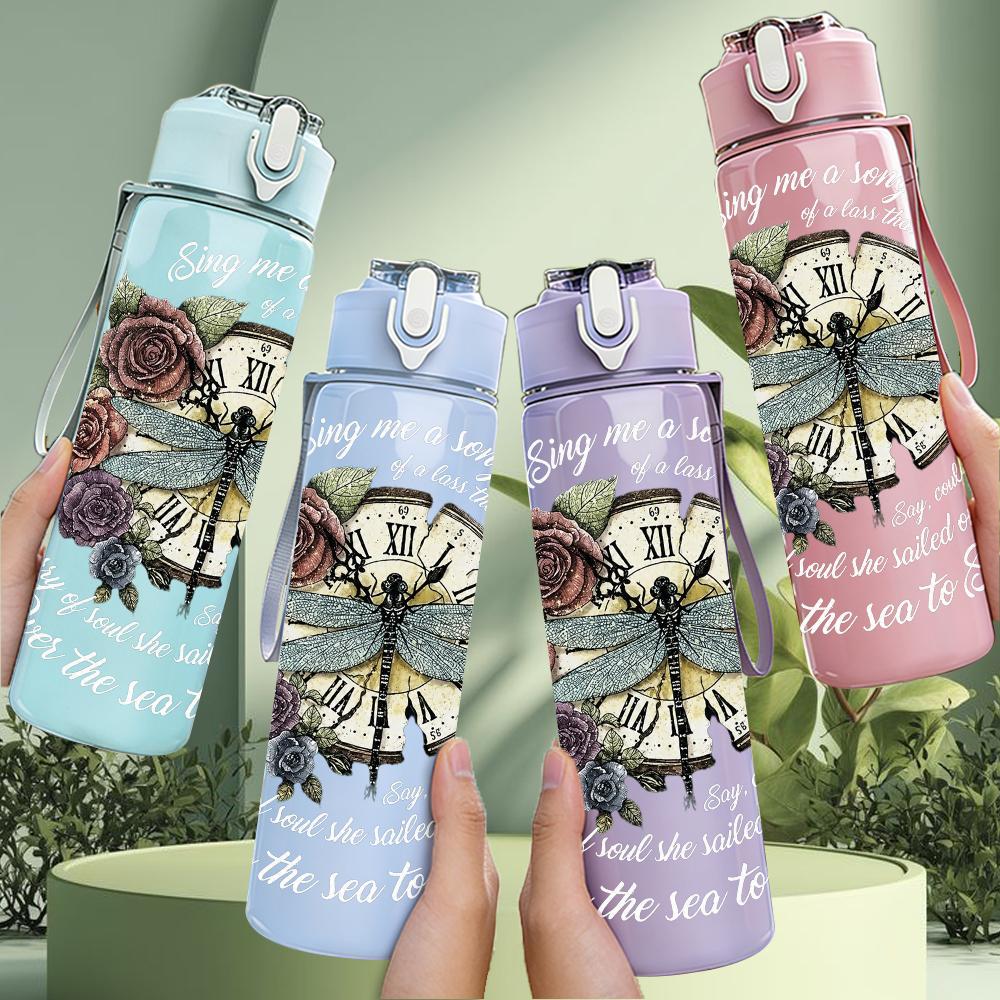 1PC Floral Dragonfly Vintage Round Art Print 750ml Portable Sports Water Bottle Leakproof Gym Outdoor Travel Drink Cup