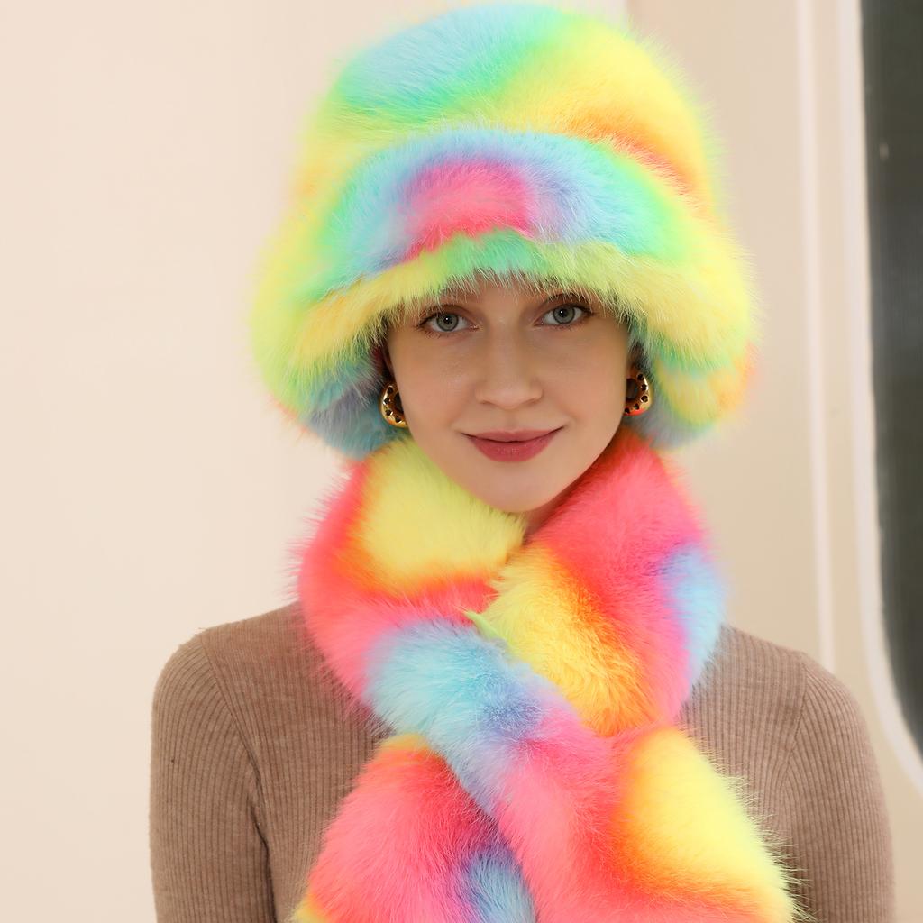 Fashion Thick Winter Warm Custom Dyed Long Faux Fur Hat Scarf for Women Bucket Hat and Scarf Set for Lady