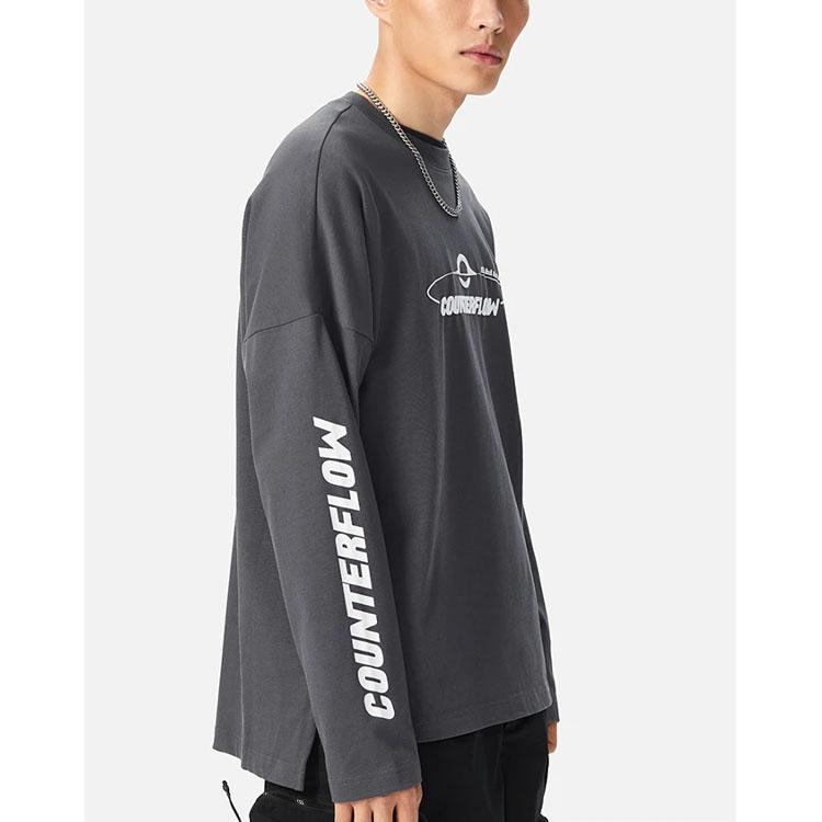 Li Ning CF Mars Letter Print Solid Color Round Neck Long Sleeve T-Shirt Unisex Tops Earth-Gray ATLS095-2