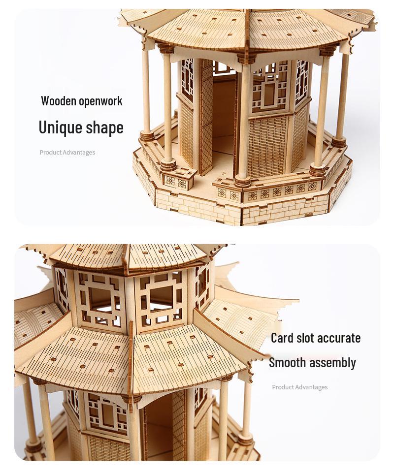 3D Wooden Octagonal Pavilion Puzzle: Classical Chinese Garden Mortise & Tenon Educational Toy