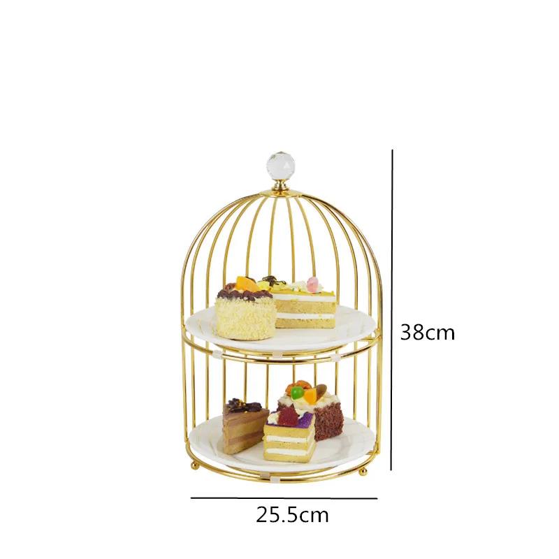 Birdcage Double Layer Cake Stand Wrought Iron Display Stand Ceramics Three-tier Fruit Tray Afternoon Tea Dessert Decorative Rack