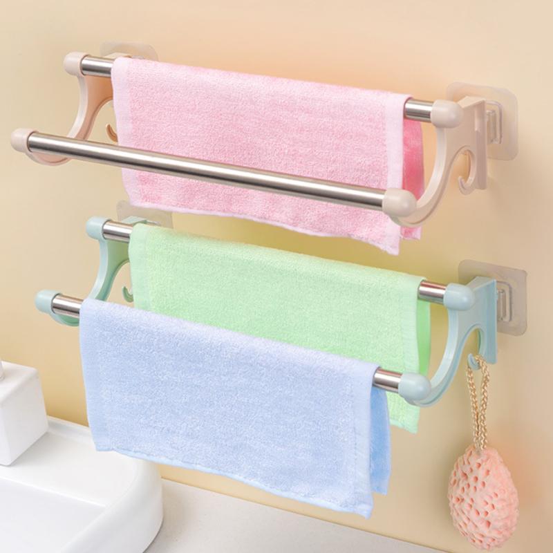 Stainless Steel Double Towel Holder No Need Perforated Rack Bathroom Kitchen Wall-Mounted Towel Rack Holder Bathroom Accessories