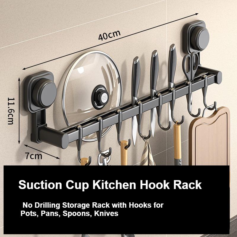Suction Cup Kitchen Hook Rack No Drilling Storage Rack with Hooks for Pots, Pans, Spoons, Knives Wall-mounted Storage for Items
