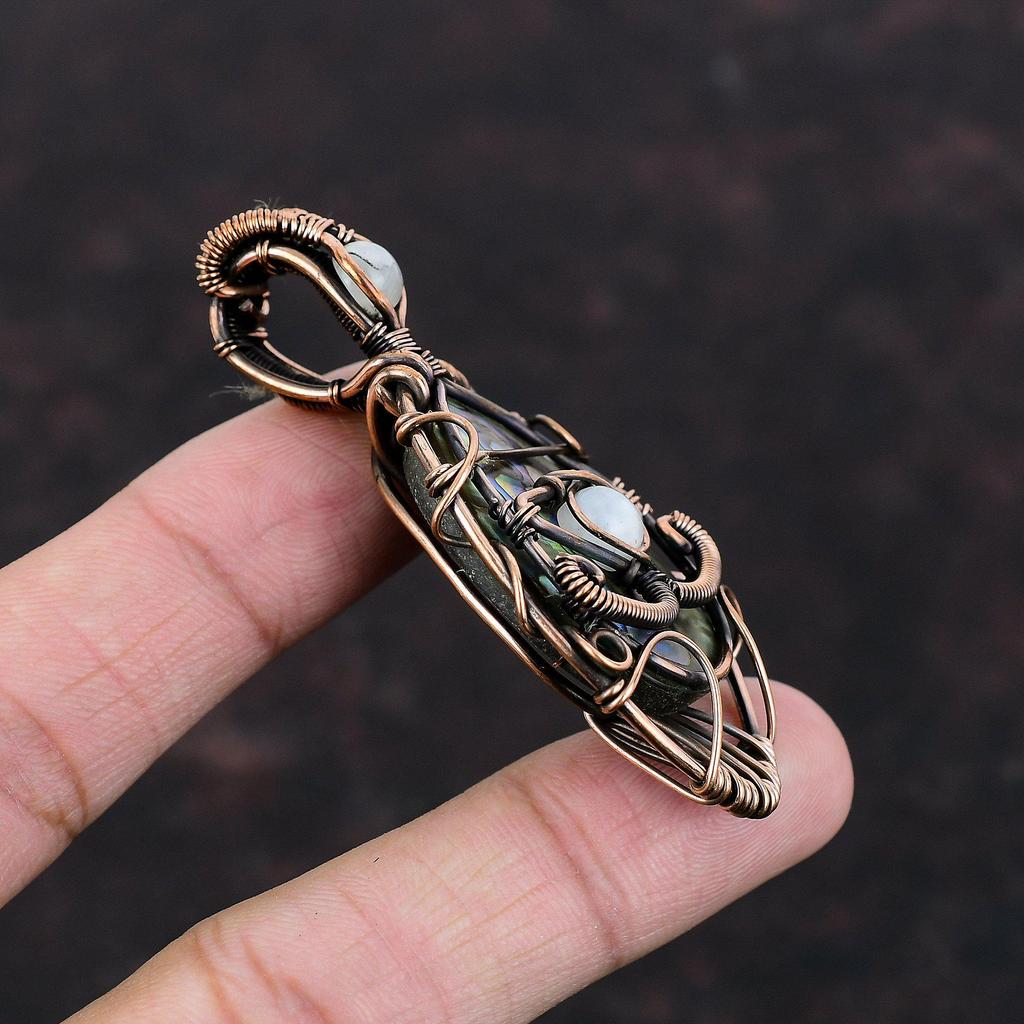 Evil Eye Abalone Shell Pendant Rainbow Moonstone Pendant Copper Wire Wrapped Pendant Real Gemstone Jewelry Handmade Pendant Engagement Gift