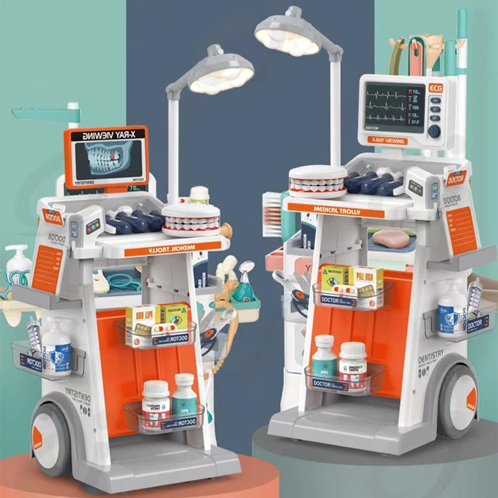 Non-Toxic Hospital Play Medical Equipment Table Fillings Injection Stethoscope Medical Trolley Home Doctor Dentist Toys For Kids Xmas Gift