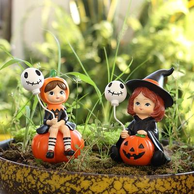 2pcs Garden Decor Witch Doll Halloween Statues Resin Cute Pumpkin Girl Figurines Cartoon Funny Halloween Party Ornaments Balcony