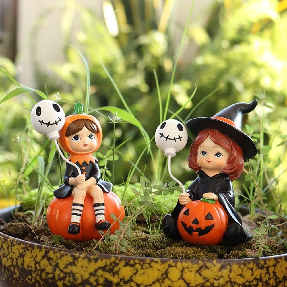 2pcs Witch Doll Pumpkin Girl Figurines Resin Halloween Party Ornaments  Bedroom Desk Decoration