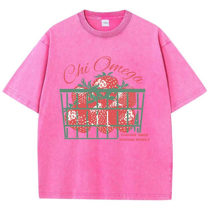 Strawberries Cotton Washed T-Shirt Womens Fresh Fruit Printing T Shirts O-Neck Oversized Acid Wash Tops Womans