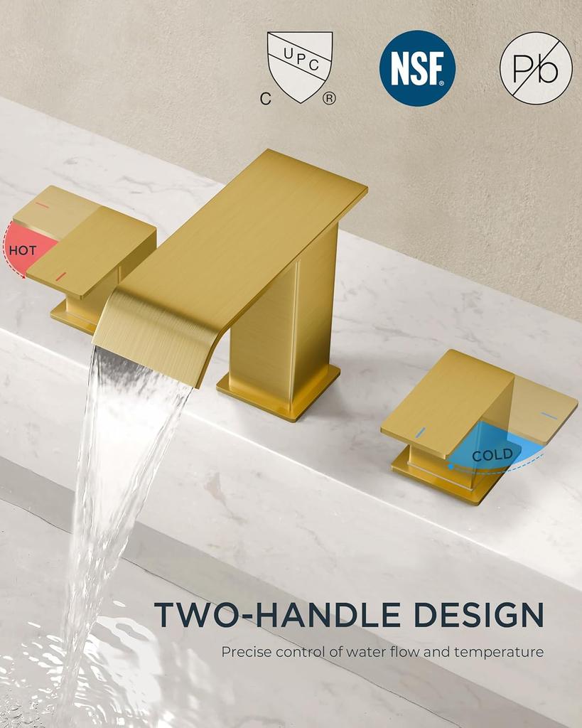 Bathroom Waterfall 3 Holes Basin Faucet, 2 Handles Cold Hot Water Mixers Sink Taps Black Chrome Brushed Gold