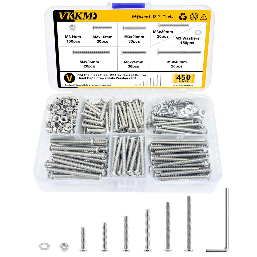 450 Stainless Steel Hexagonal Bolts and Nut Kit, Hexagonal Round Head Button Kit, M3x (16/20/25/30/35/40) Mm Bolt Kit.