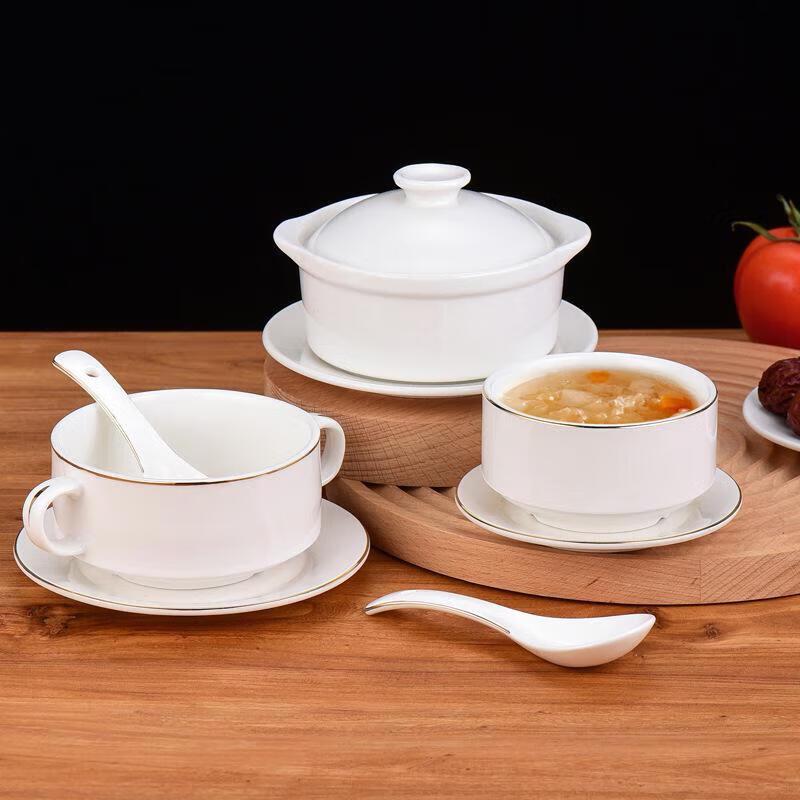 Huihuang Gold-Rimmed Ceramic Double-Handle Soup Bowl with Lid