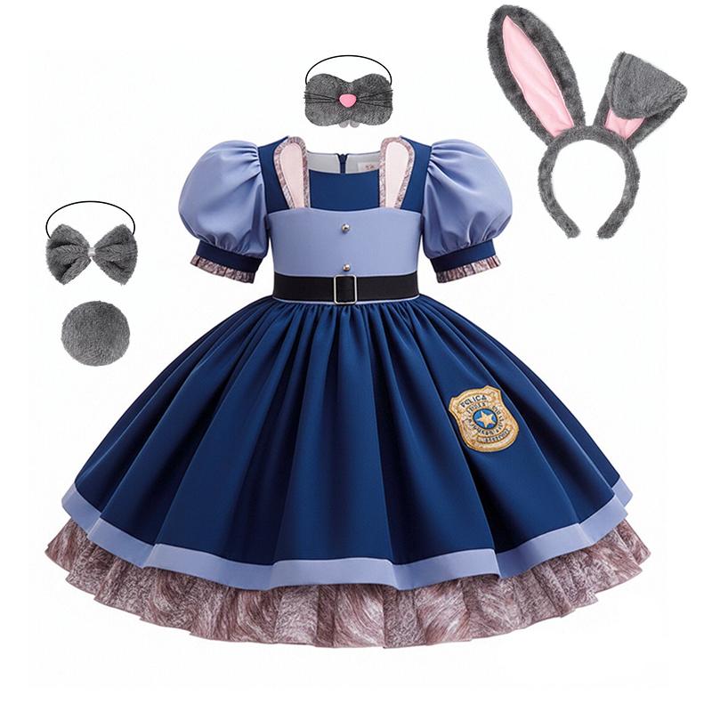 Girl Cosplay Judy Hopps Police Officer Dress Zootopia Bunny Costume Kids Dress Up Halloween Rabbit Dress Outfits