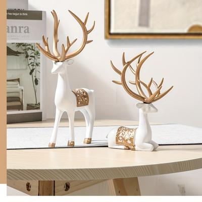 2pcs/Set Deer Statue, Golden Deer Christmas Decor, Elk Resin Reindeer Lucky Deer Sculptures For Work Desk Decor