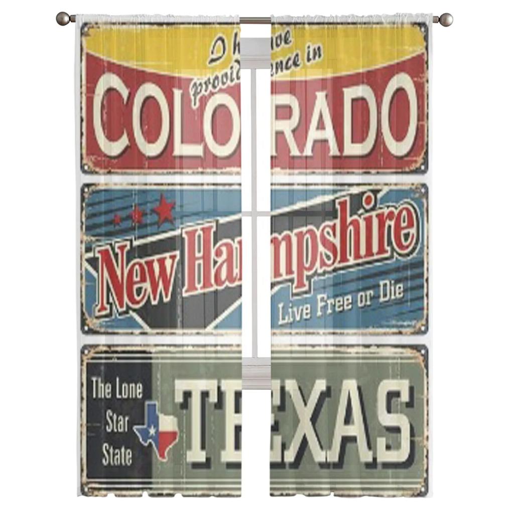 Vintage Tin Sign Collection With America State Sheer Curtains for Living Room Tulle Window Curtain Bedroom Kitchen Veil Drapes