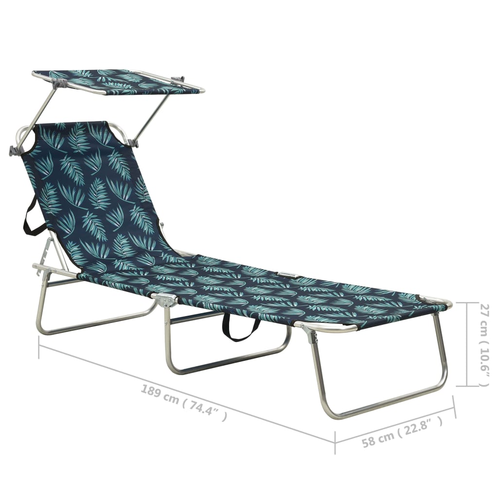 Folding Sun Lounger with Sun Canopy Steel Leaf Pattern
