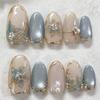 24Pcs Gold Cat Eye French Pearl Fake Nails Medium Almond Glitter Irregular Line Press On Nails