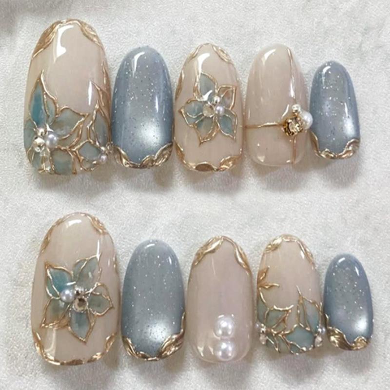 24Pcs Gold Cat Eye French Pearl Fake Nails Medium Almond Glitter Irregular Line Press On Nails
