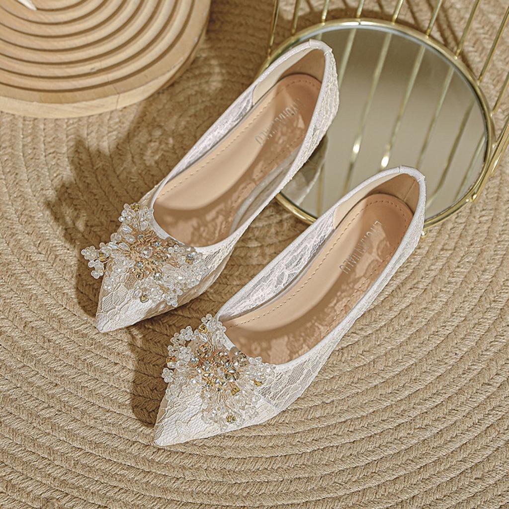 French Style Women's Flat Shoes, New Fairy Style Pearl Bridesmaid Single Shoes, Mesh Breathable and Gentle Sandals for Women