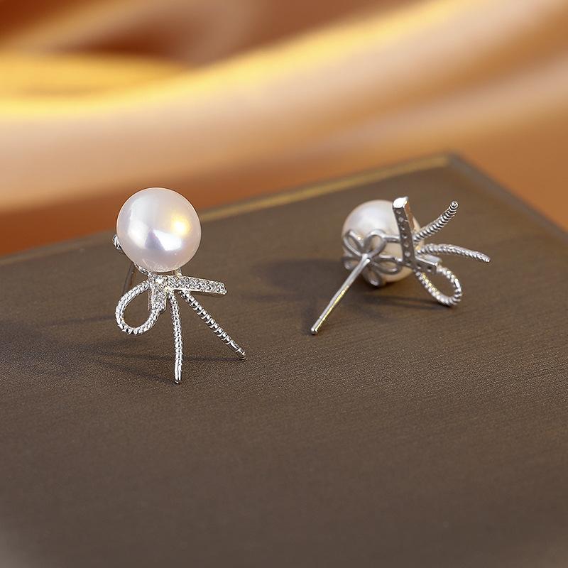 Bow Stud Earrings Temperament Simple Freshwater Earrings Elegant Earrings Women'S High Sense Autumn And Winter