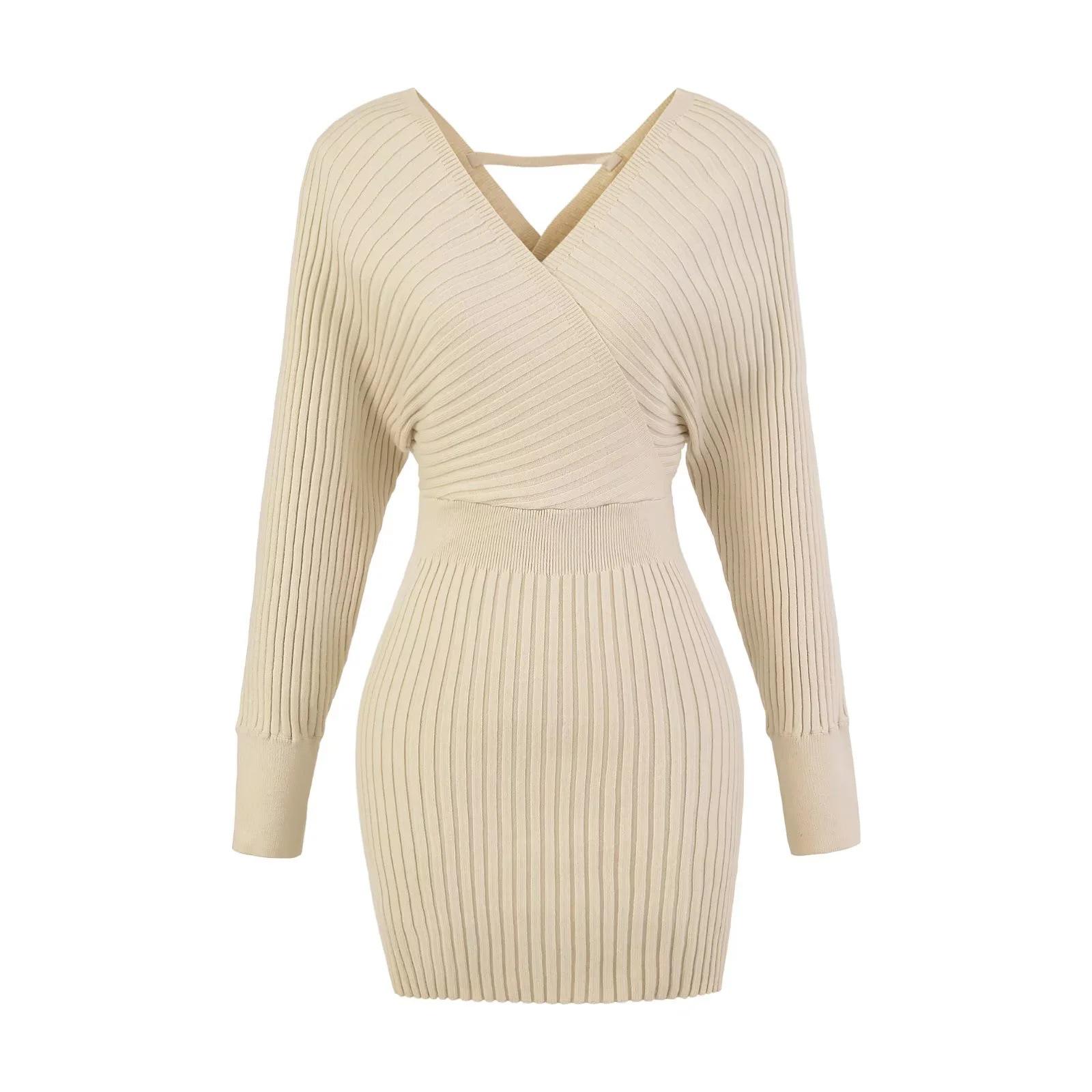 

Pure Desire V-neck Long Sleeve Slim Fit Ribbed Knit Dress with Waist-cinching Mini Skirt for Women (Autumn/Winter) Large бежевий