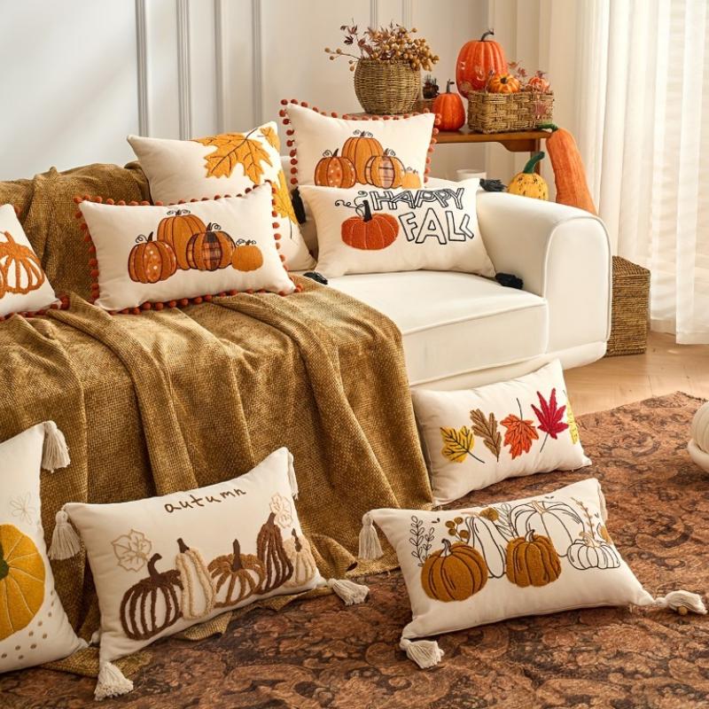 Autumn Themed Pillow Covers Vibrant Pumpkin & Maple Leaf Pillow Covers Cushion Cases for Thanksgiving, Living Room and Garden