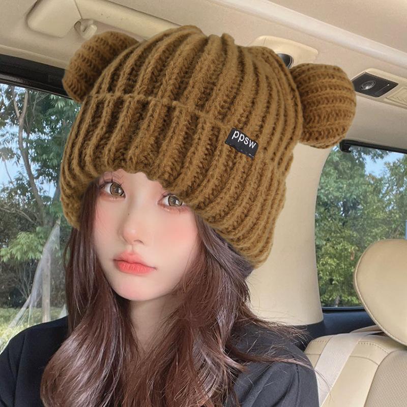 Cat Ear Knitted Hat for Women In Autumn and Winter Warmth and Thick Ear Protection Winter Style Cute Face Showing Small Ins Student Wool Hat