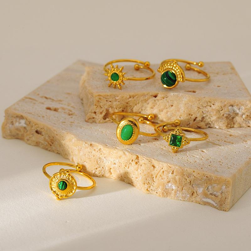 New Fashionable Natural Stone Turquoise Ring, Personalized Versatile High-end Stainless Steel Gold-plated Opening Ring