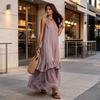 Summer Sleeveless Maxi Dress for Women, Deep V Neck Mesh Patchwork Long Dress, A-line Ruffle Flowy Beach Sundress