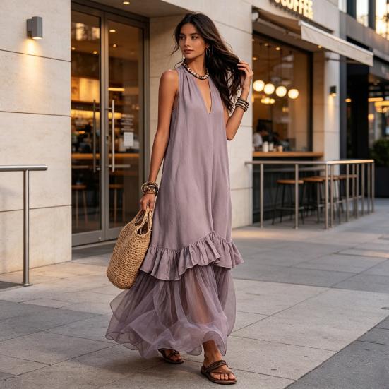 Summer Sleeveless Maxi Dress for Women, Deep V Neck Mesh Patchwork Long Dress, A-line Ruffle Flowy Beach Sundress