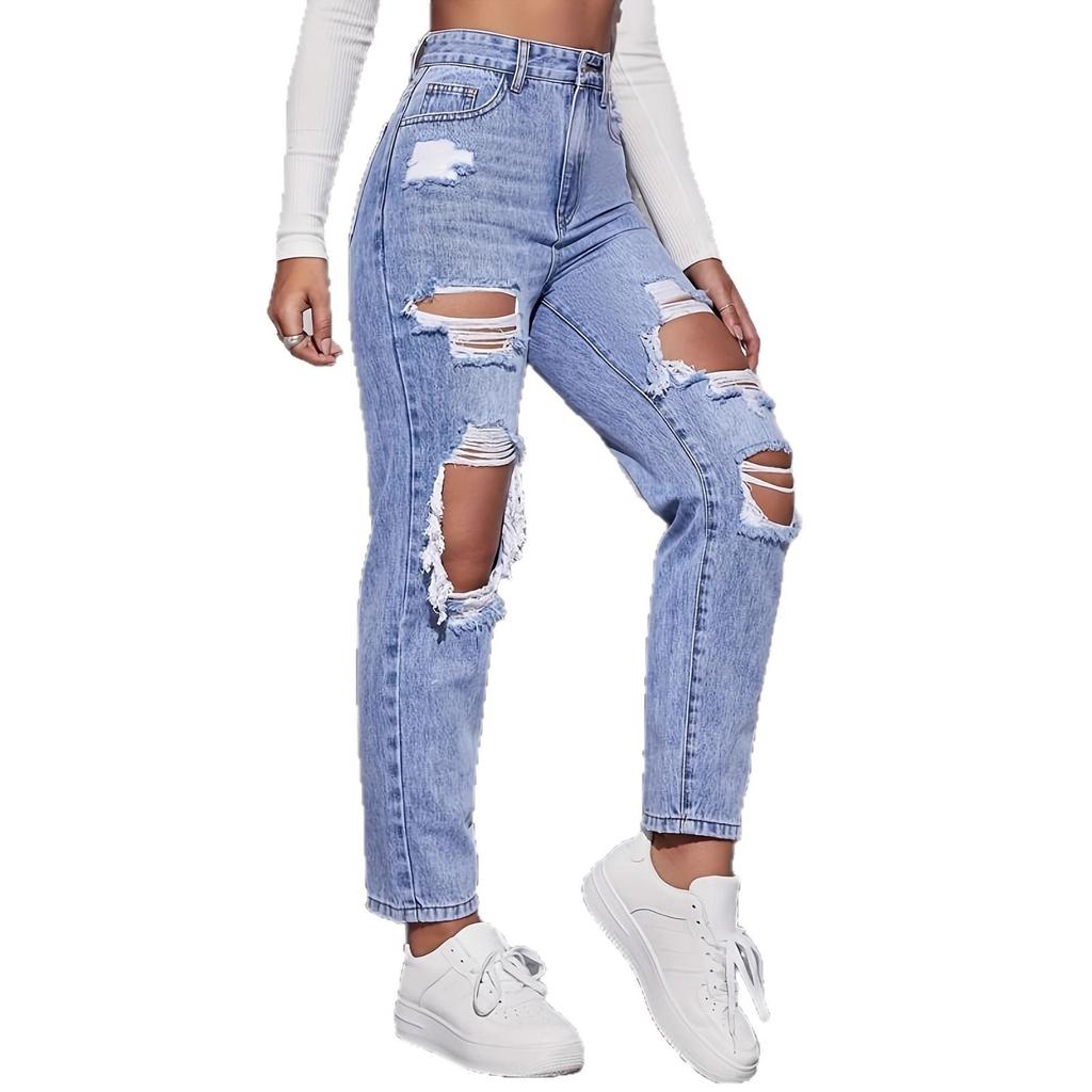 Damenmode Ripped Gerade geschnittene Gewaschene Denim Jeans