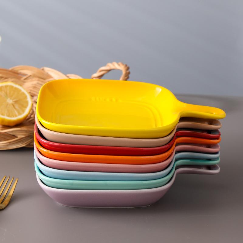 Creative Colorful With Handle Plate Gradual Change Home Western Food Plate Microwave Oven Single Handle Baked Rice Baking Pan