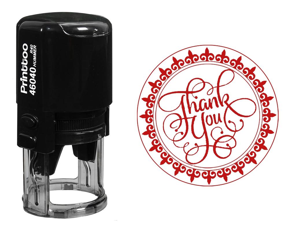 Printtoo Round Fleur De Lis Border Monogram Thank You Calligraphy Self Inking Rubber Stamp Gift