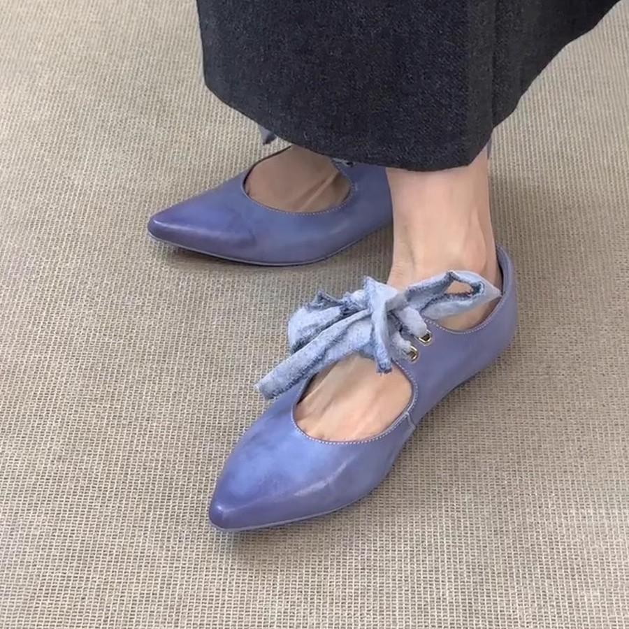 Sheepskin Version~ Retro Pointed Head Bow Ballet Single Shoes Lace-up Low-heeled Mary Jane Shoes Light Mouth Temperament Flats