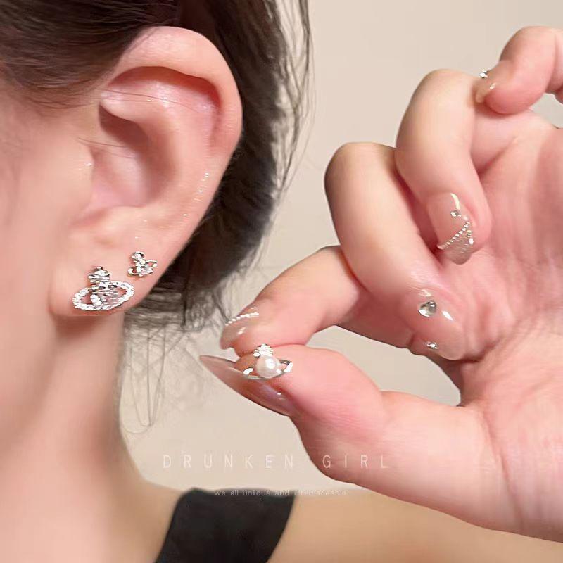 Queen Mother West Planet Zircon Pearl Stud Earrings Women'S Earrings Exquisite Earrings Light Luxury High-End Ear Jewelry