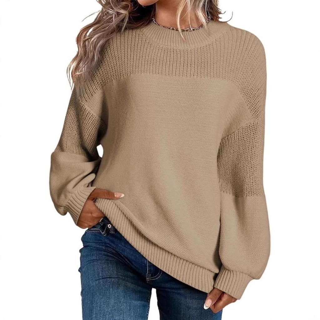 Autumn Winter New Women's Solid Color Lantern Sleeve Round Neck Long Sleeve Pullover Knitted Sweater Top