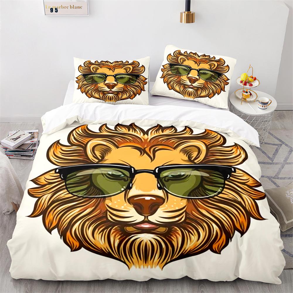 Lion Duvet Cover Set Cartoon Pattern Wild Animal Lion Cute Style Full Size Bedding Set Polyester Comforter Cover With Pillowcase