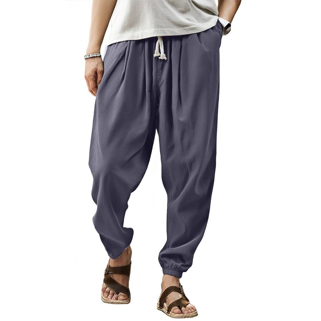 Men's Casual Nine-point Pants Cotton Hemp Loose Drawstring Leg Summer Nine-point Pants