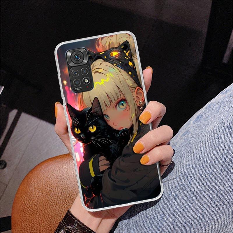 Anime Mädchen Süße Schwarze Katze Handyhülle Für Xiaomi Redmi Note 15 14 13 12S 12 11 Pro Plus 14S 11S 11E 10 10S 11T 5G Personalisiert C
