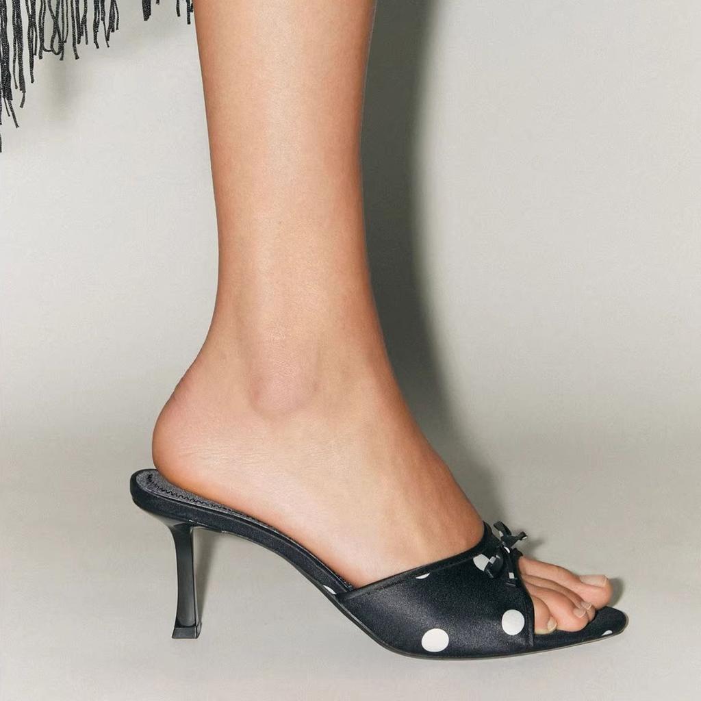 Slipper Mules High Heels Shoes Summer Best Street Look Females Dot Open Toe Bow Strappy Sandals Women Slides Plus Size