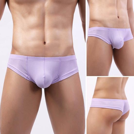 Men Summer Thong Low-rise Ice Silk Ribbed Briefs Solid Color High Elasticity Underwear